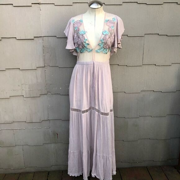 CLEOBELLA Embroidered Amery Boho Indie Forest Fairy Maxi Dress in Lilac XS - Picture 3 of 16